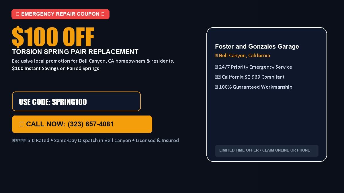 Foster and Gonzales Garage Door Services $100 OFF Dual Torsion Spring Replacement in Bell Canyon, CA